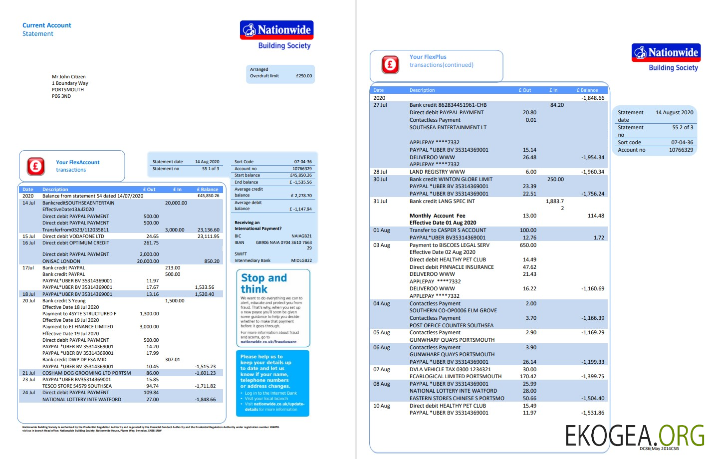 Modèle de relevé bancaire national du Royaume Uni au format .doc et .pdf (5 pages)